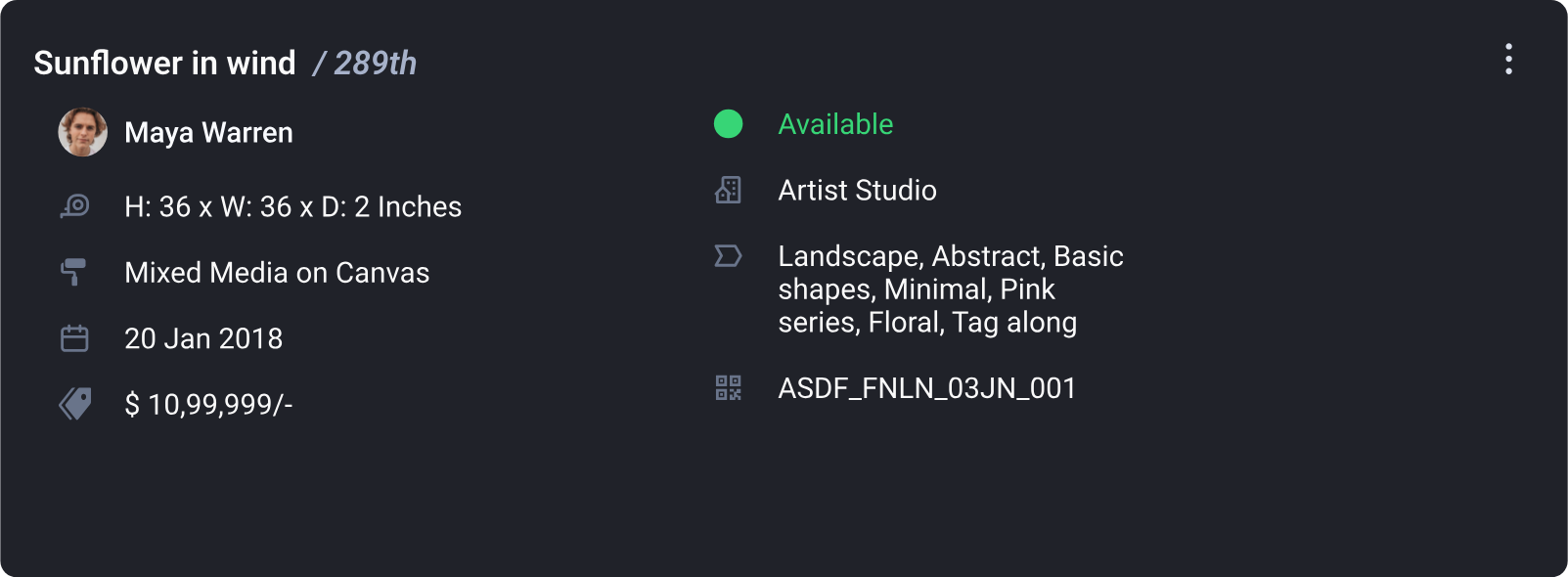 Detailed view: Sunflower in wind shown with its full catalogue record — artist, dimensions, medium, date, price, location, tags and inventory code.
